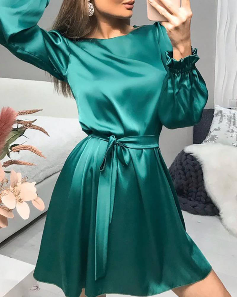 

Plain Lantern Sleeve Satin Casual Dress, Green