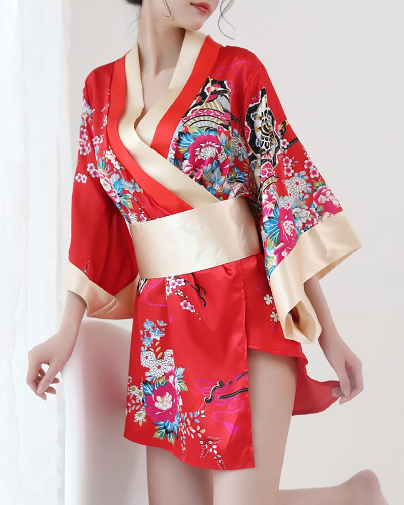 

Floral Print Bowknot Japanese Kimono Nightwear Dress & Panty Set, Red