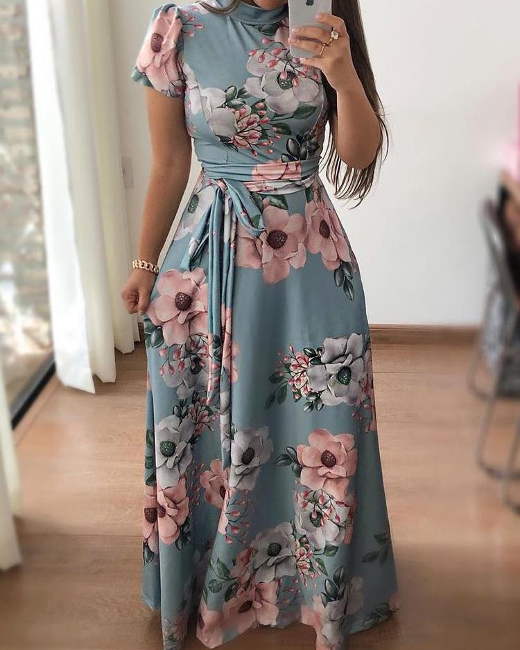 floral print short sleeve tie waist maxi dress