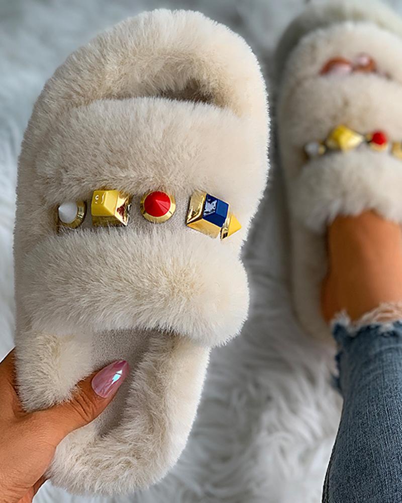 

Colorful Rhinestone Peep Toe Fluffy Slipper, Beige