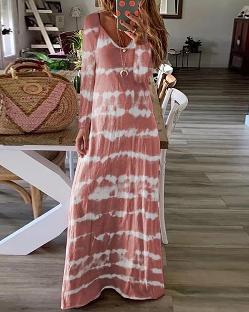 

Tie Dye Cold Shoulder Long Sleeve Loose Long Dress, Pink