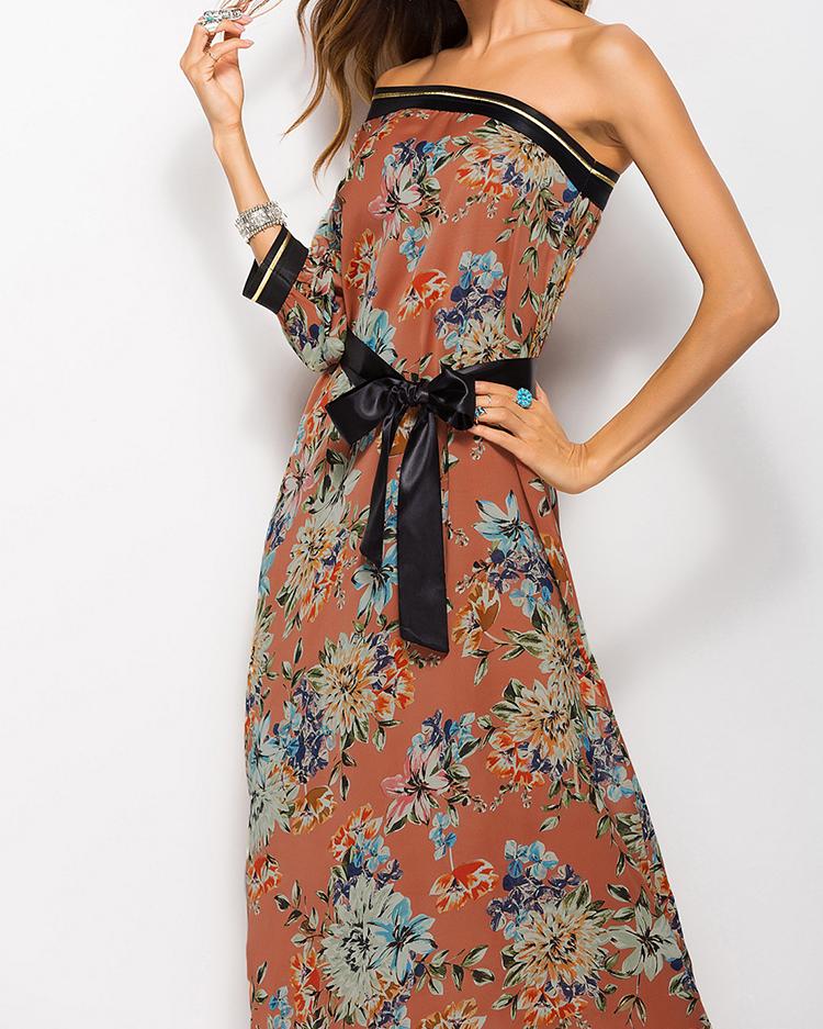 

One Shoulder Belted Floral Print Maxi Dress, Orange