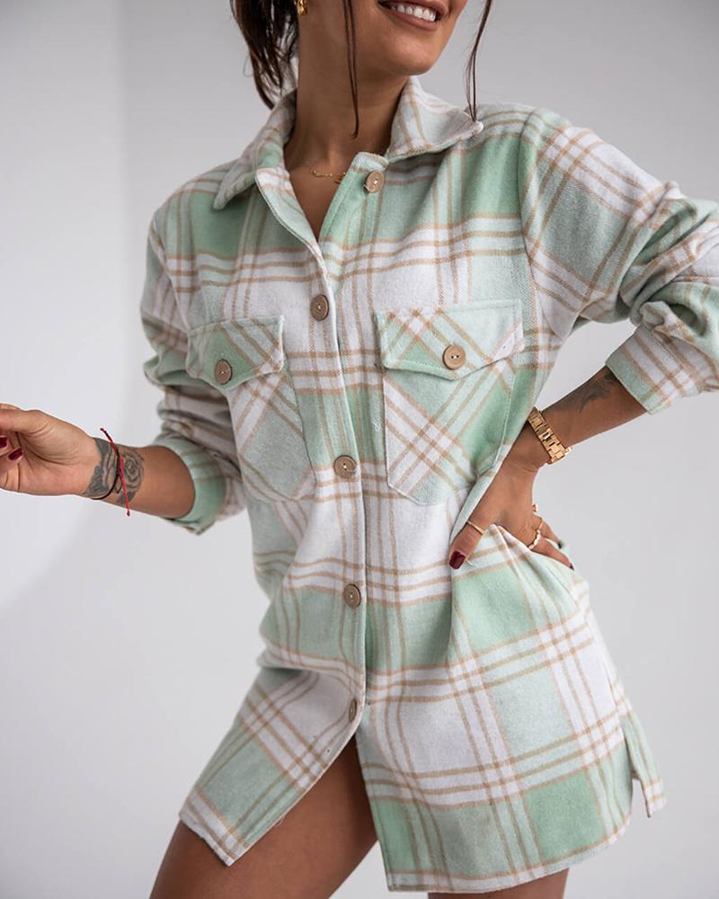 

Plaid Pocket Button Design Long Sleeve Shirt, Green