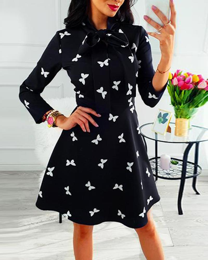 

Random Geometric Print Tie Neck Casual Dress, Black