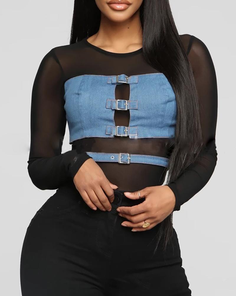 

Buckled Denim Patch Sheer Mesh Bodysuit, Black