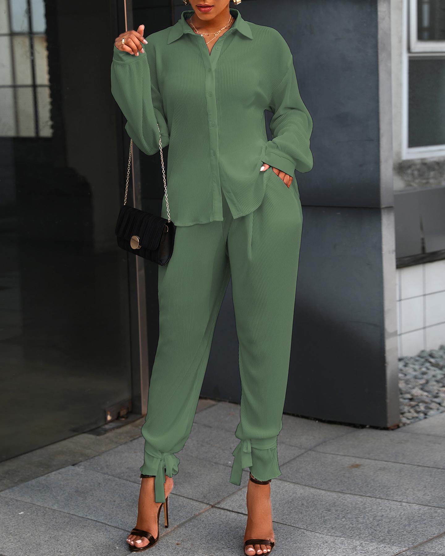 

Buttoned Long Sleeve Ruched Top & Pockets Pants Set, Green