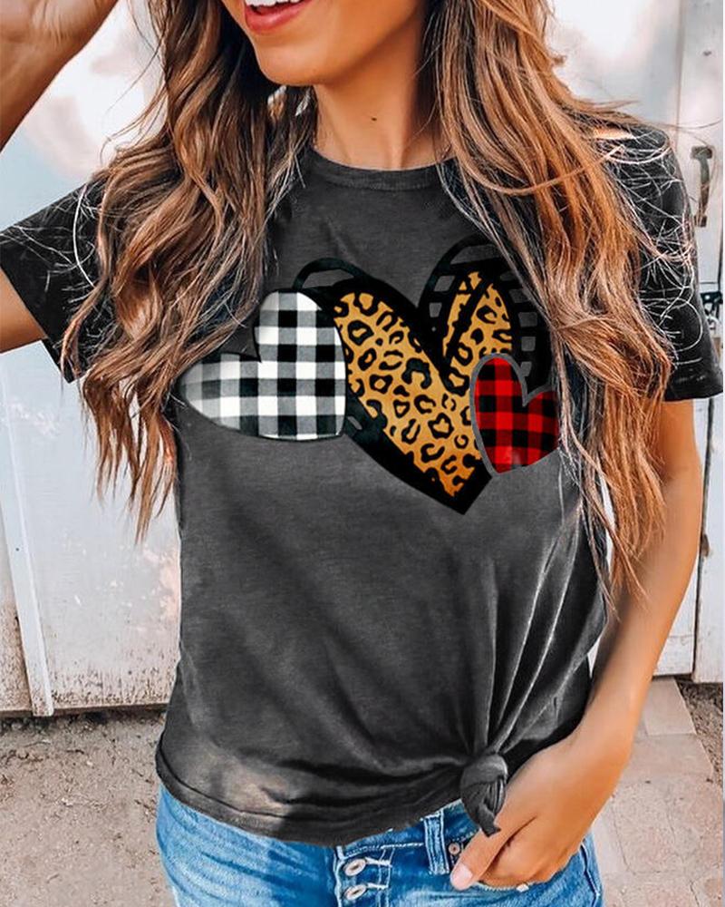

Heart Patterns Patchwork Short Sleeve T-shirts, Gray