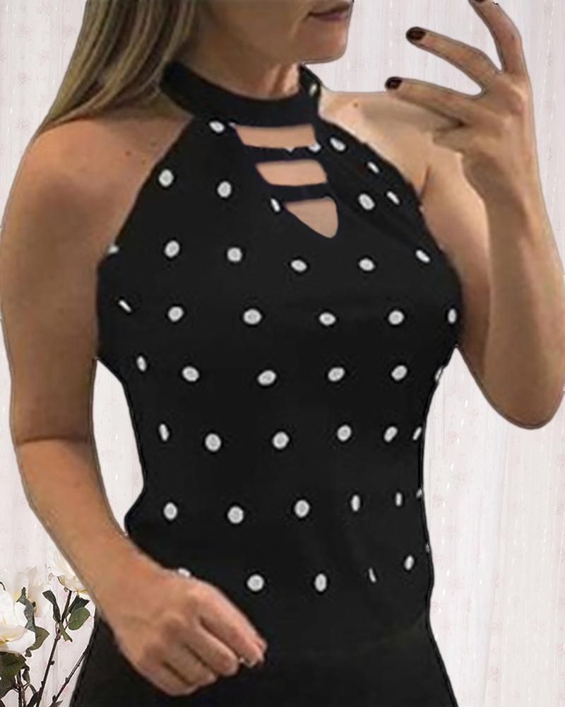 

Halter Cutout Polkadot Print Top, Black