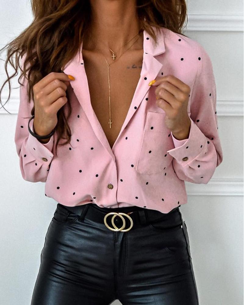 

Long Sleeve Dot Print Blouse, Pink