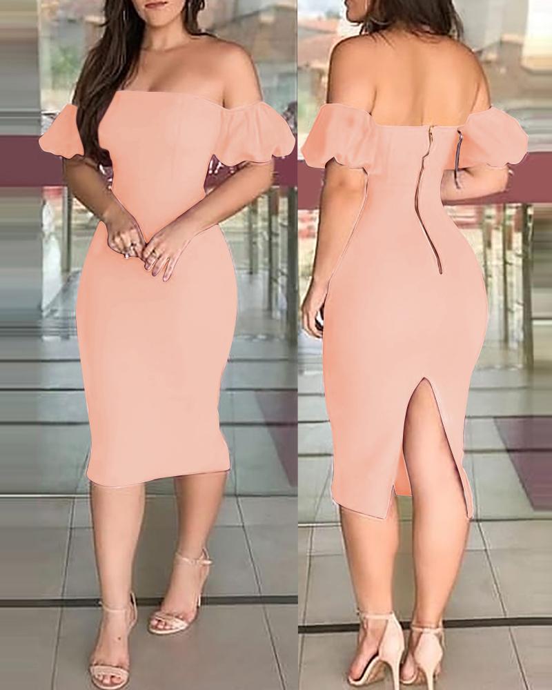 

Off Shoulder Plain Zipper Design Back Slit Dress, Pink