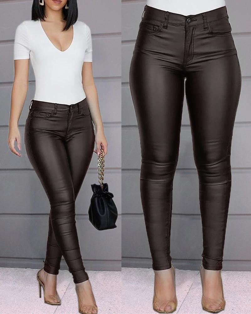 

Solid Buttoned Casual Coated PU Pants, Coffee