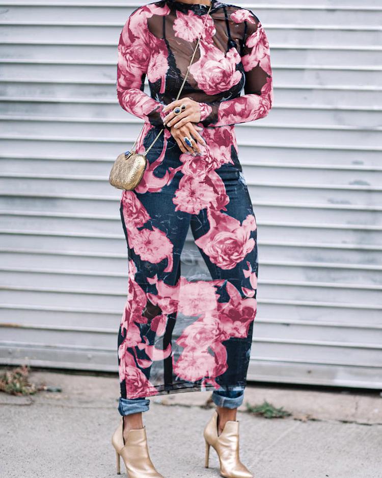 

Floral See Through Bodycon Midi Dress, Pink
