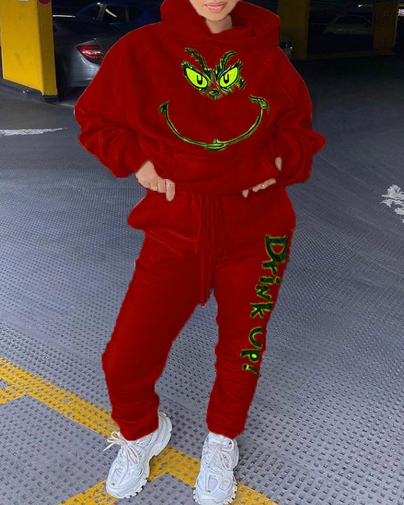 

Cartoon Print Hooded Top & Letter Print Pants Set, Red