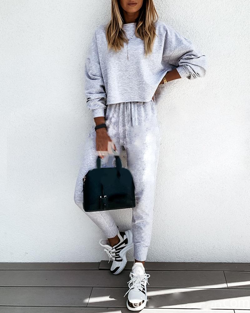 

Long Sleeve Casual Top & Drawstring Pants Set, Gray