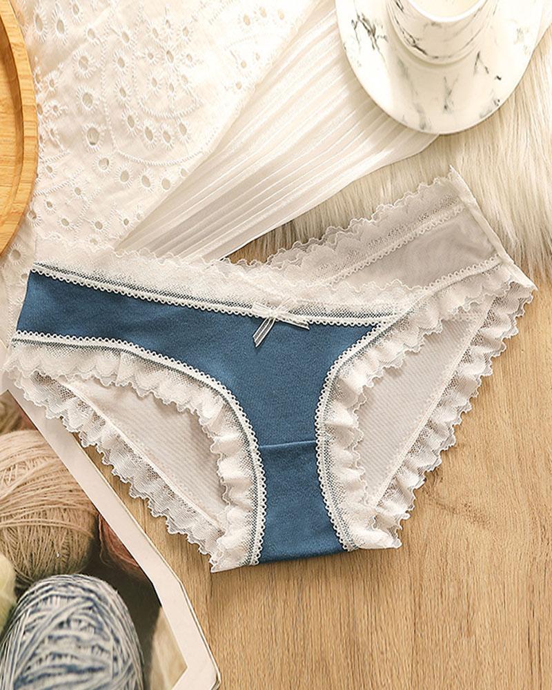 

Lace Trim Bowknot Front Sheer Mesh Panty, Blue