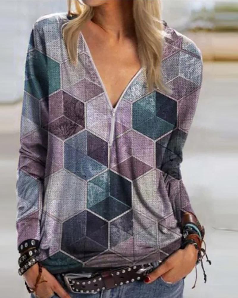 

Abstract Print Long Sleeve Zipper Design Top, Gray