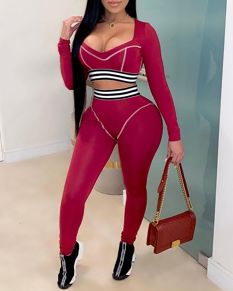 

Striped Sporty Long Sleeve Women Top & Pants set, Red