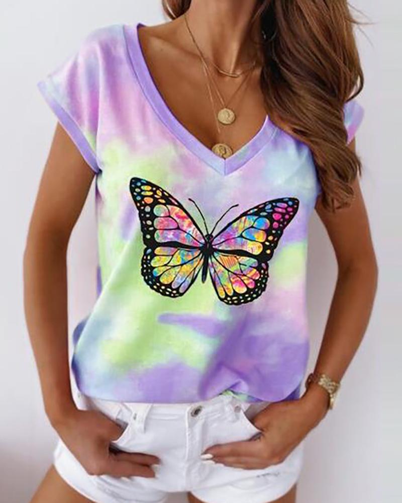 

Butterfly Tie Dye Print Short Sleeve Casual T-shirt, Purple
