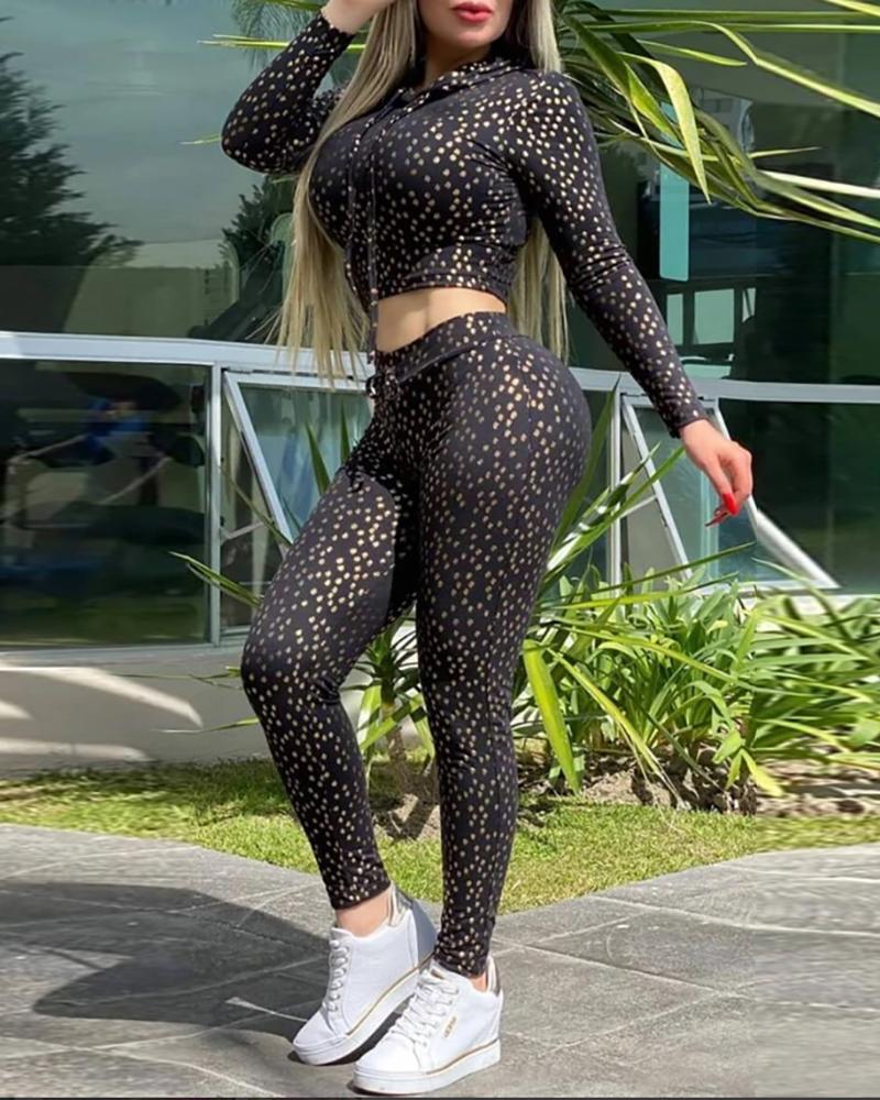 

All Over Print Hooded Crop Top & Pants Set, Black