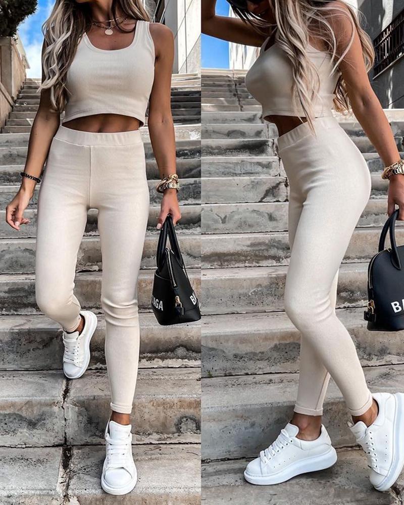 

U Neck Crop Top & High Waisted Pants Set, Beige