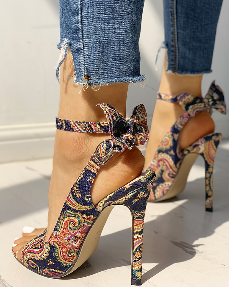 ethnic print peep toe ankle strap