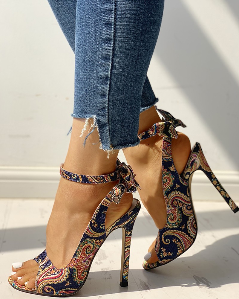 ethnic print peep toe ankle strap