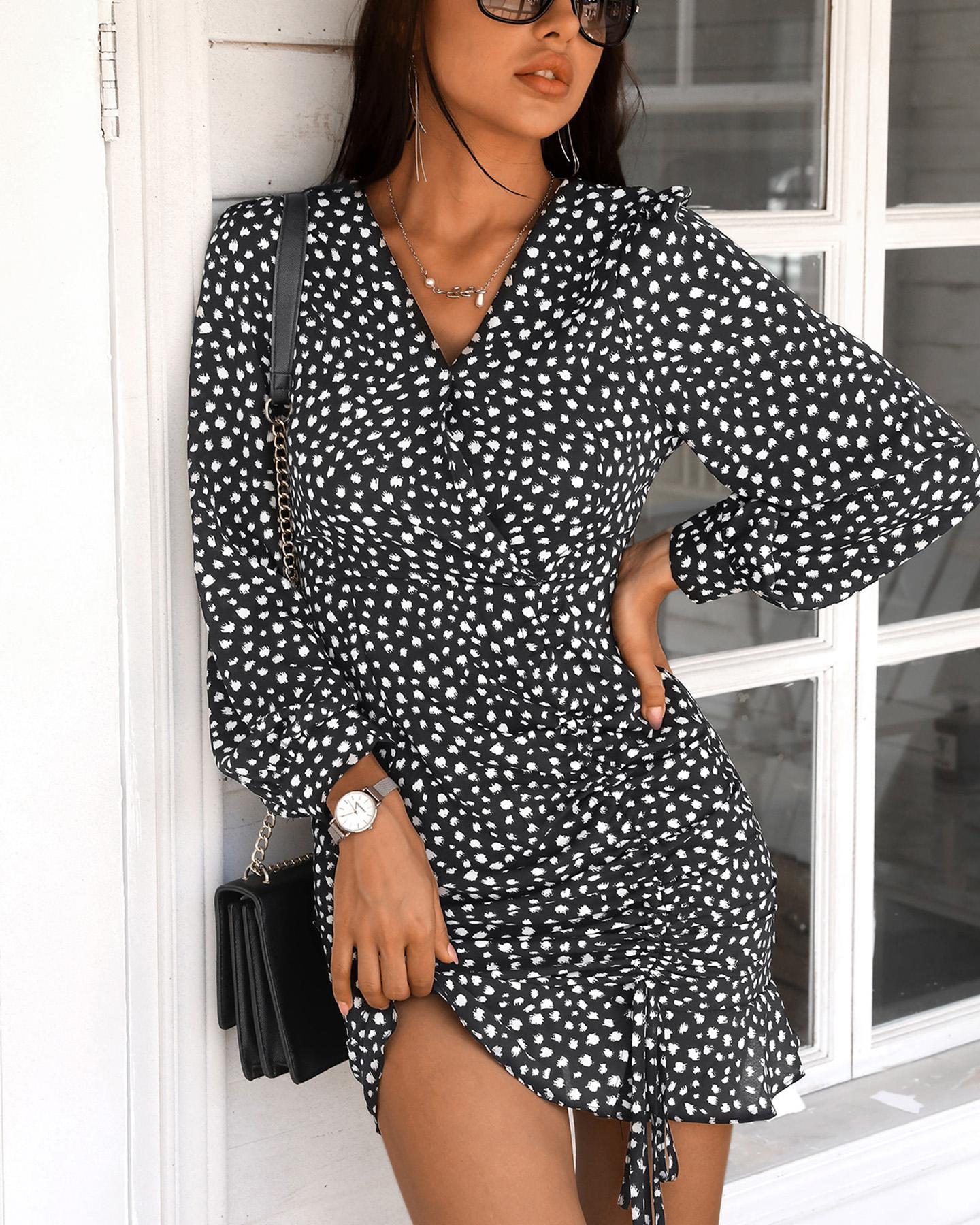 

Polkadot Print Long Sleeve Ruffles Dress, Black