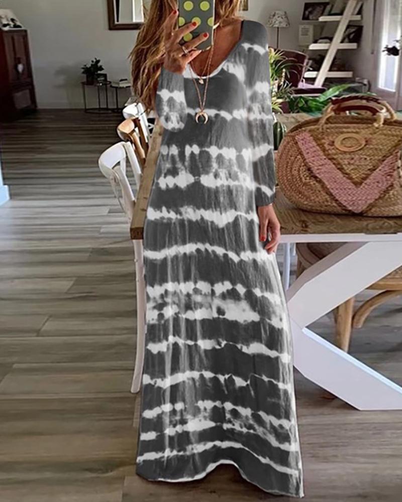 

Tie Dye Cold Shoulder Long Sleeve Loose Long Dress, Gray