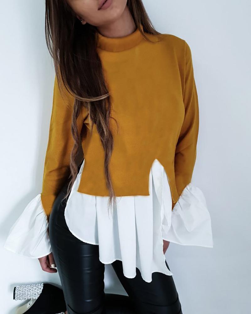 

Colorblock Insert Ruffles Long Sleeve Blouse, Yellow