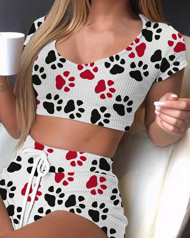 

Puppy Foot Print Short Sleeve T-shirts With Drawstring Shorts Suit Sets, White