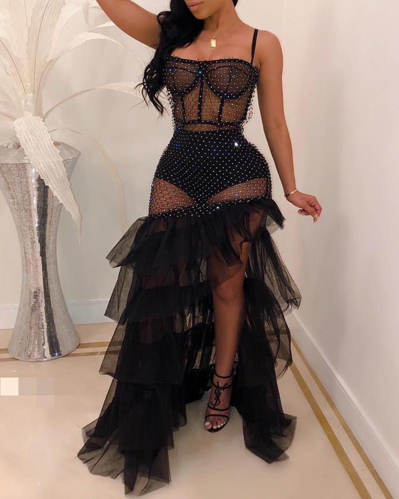 black sheer rhinestone dress