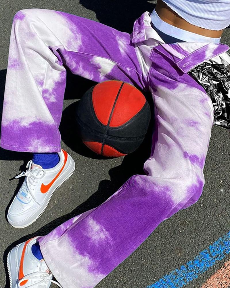 

Tie Dye Print High Waist Pocket Design Pants, Purple
