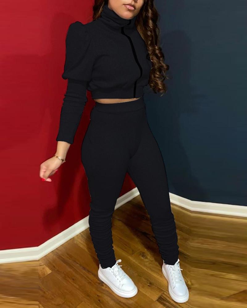 

Solid Color Puff Sleeve Pant Sets, Black