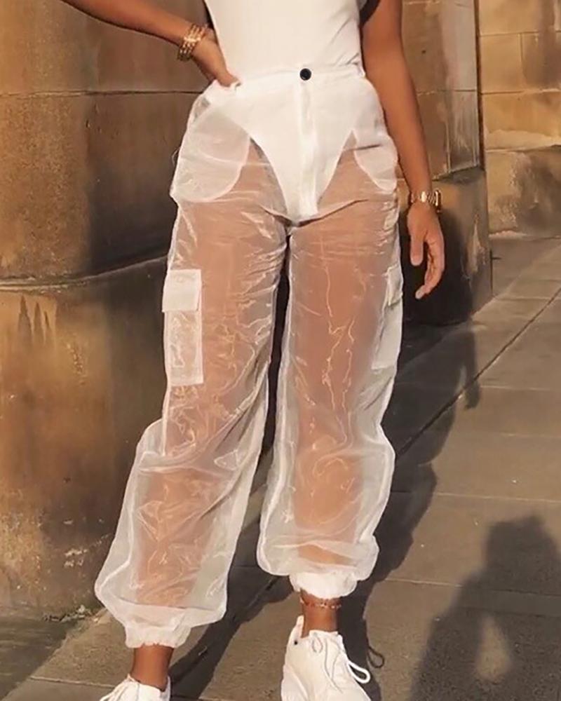 

Sheer Mesh Pocket Design Pants, White