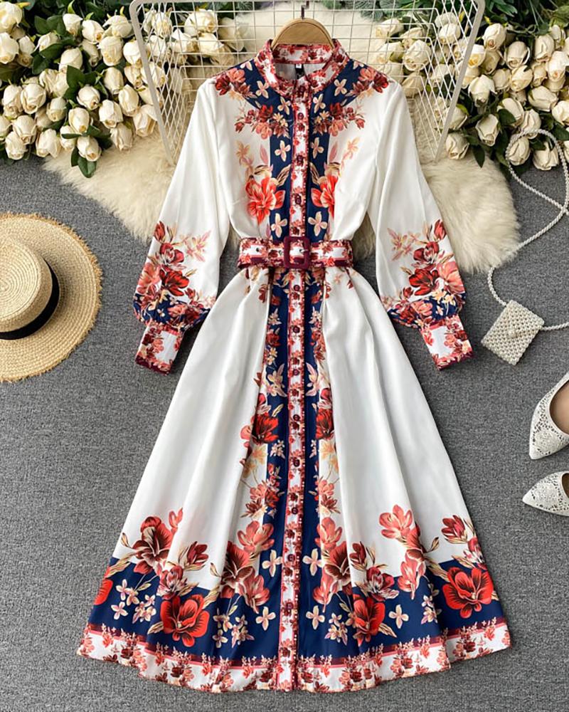 

Floral Print Lantern Sleeve Casual Dress, White