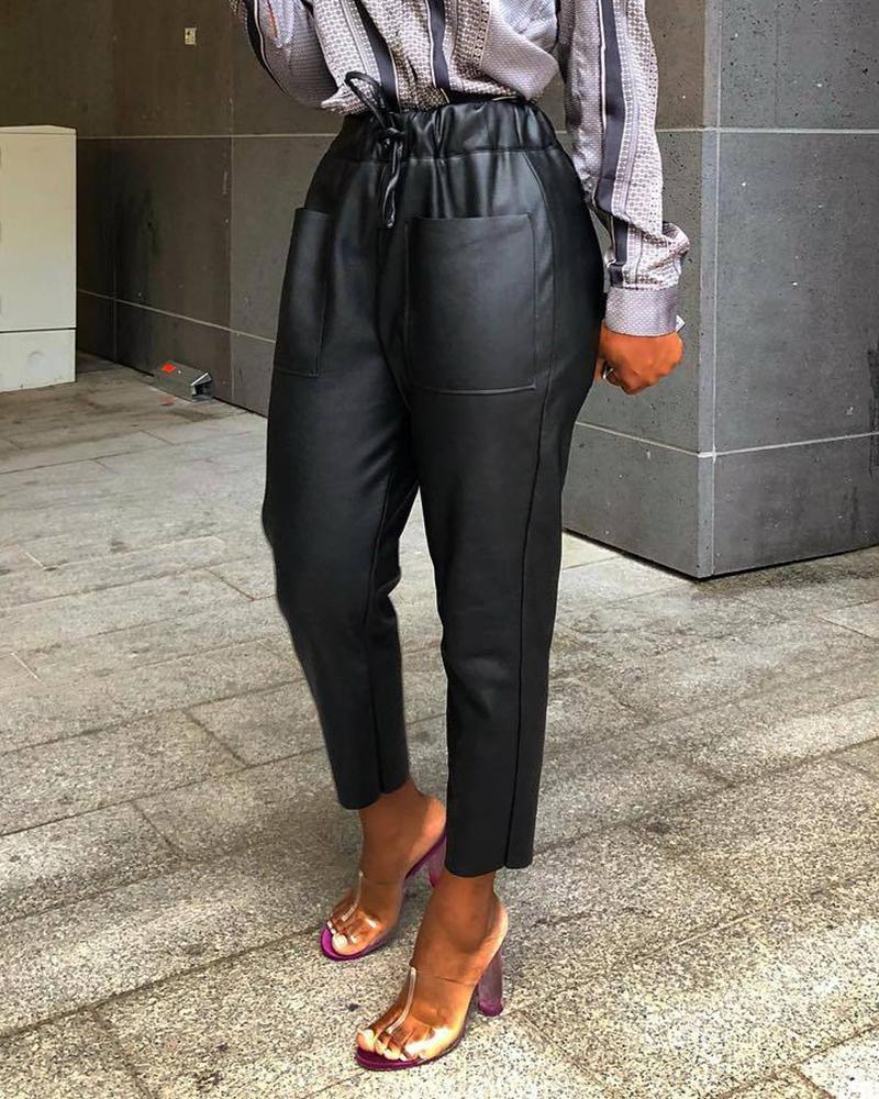 

Pocket Design Drawstring PU Leather Pants, Black