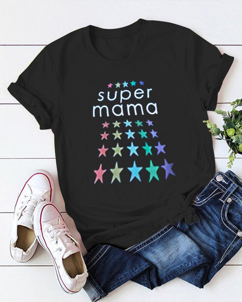 

Mother' Day Letter Star Print Short Sleeve Casual T-Shirt, Black