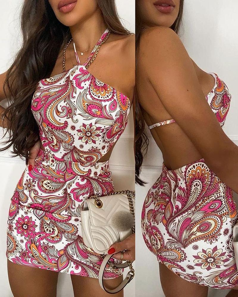 

Paisley Print Halter Backless Bodycon Dress, Hot pink