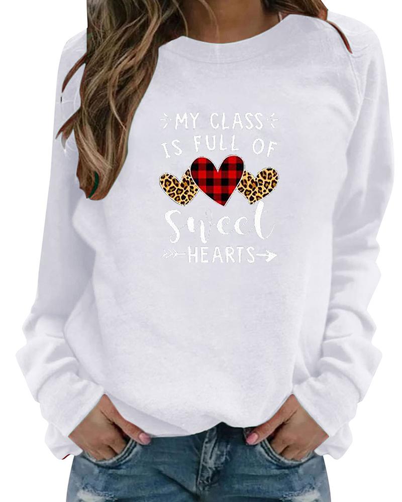 

Letter Heart Print Long Sleeve Sweatshirt, White