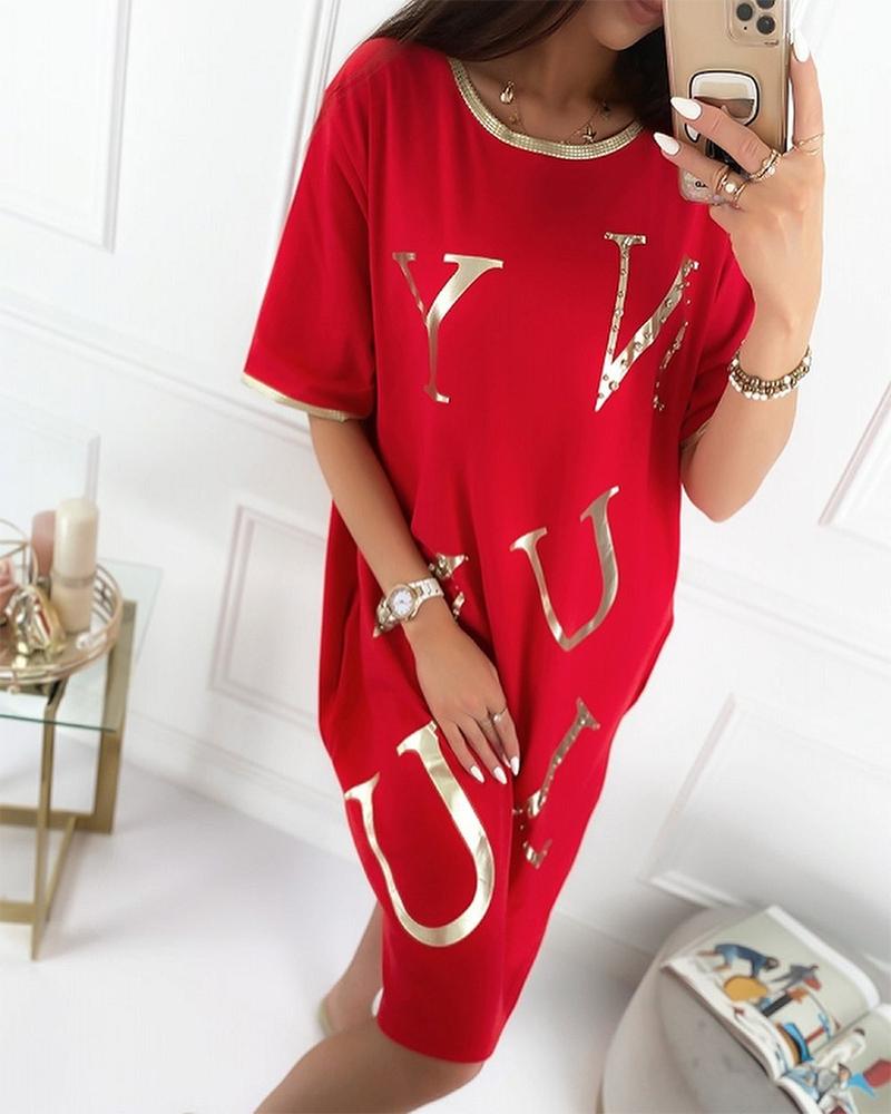 

Alphabet Print Nail Casual Dress, Red