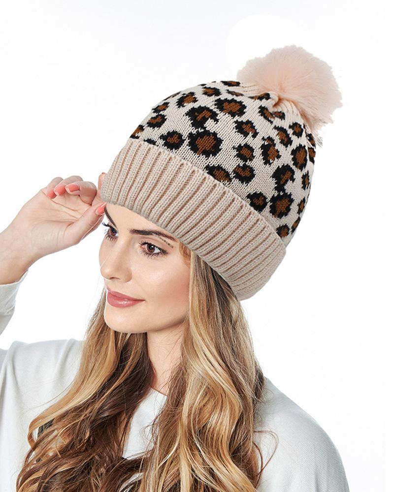 

Cheetah Print Pom Pom Decor Beanie, Pink
