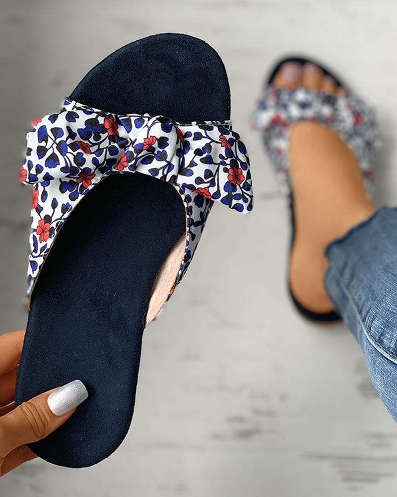 

Ditsy Floral Print Striped Colorblock Bowknot Sliders, Purplish blue