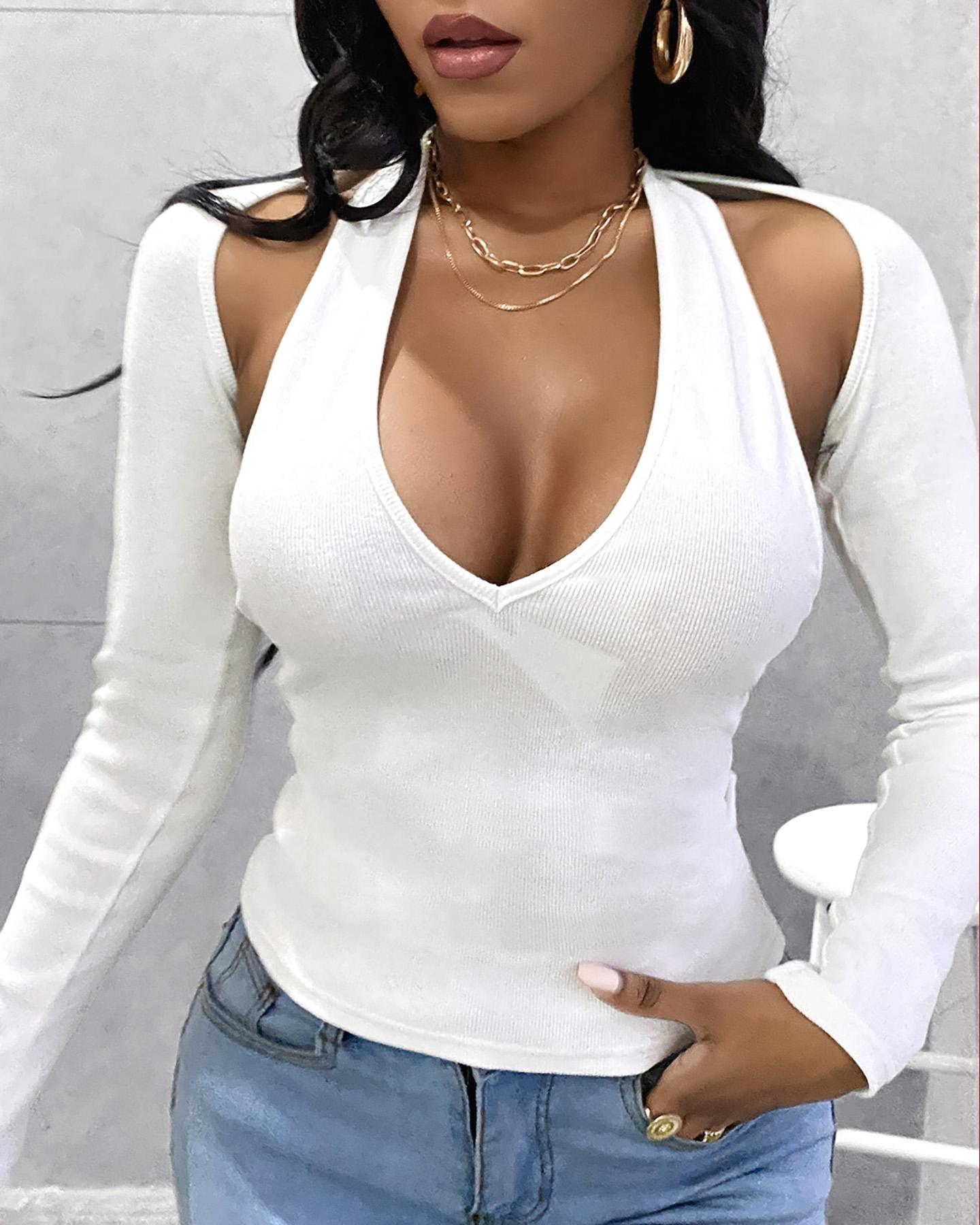 

Long Sleeve Super Crop Top & Halter BacklessTank Sets, White