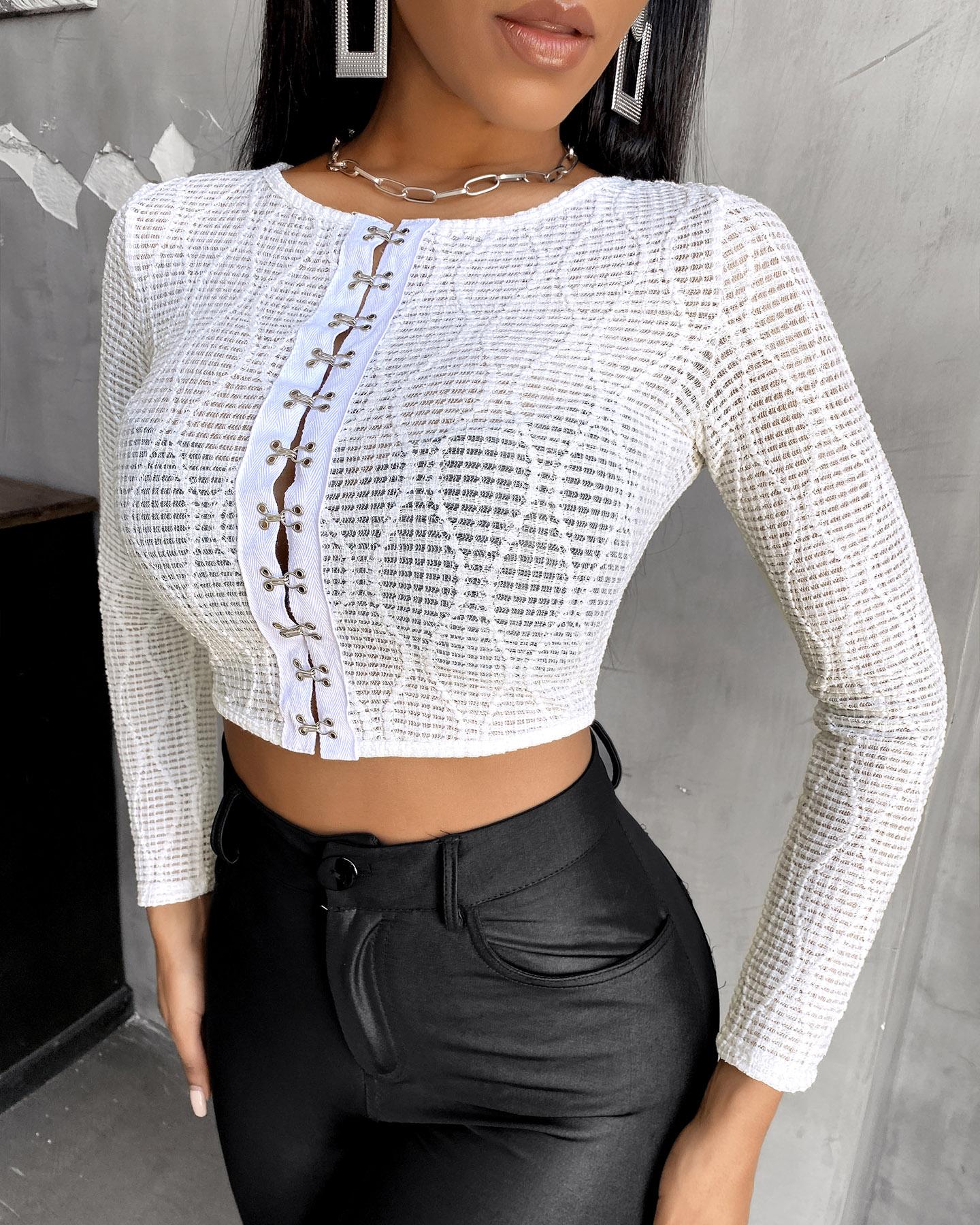 

Lace Cutout Eyelet Lace-up Women Top, White