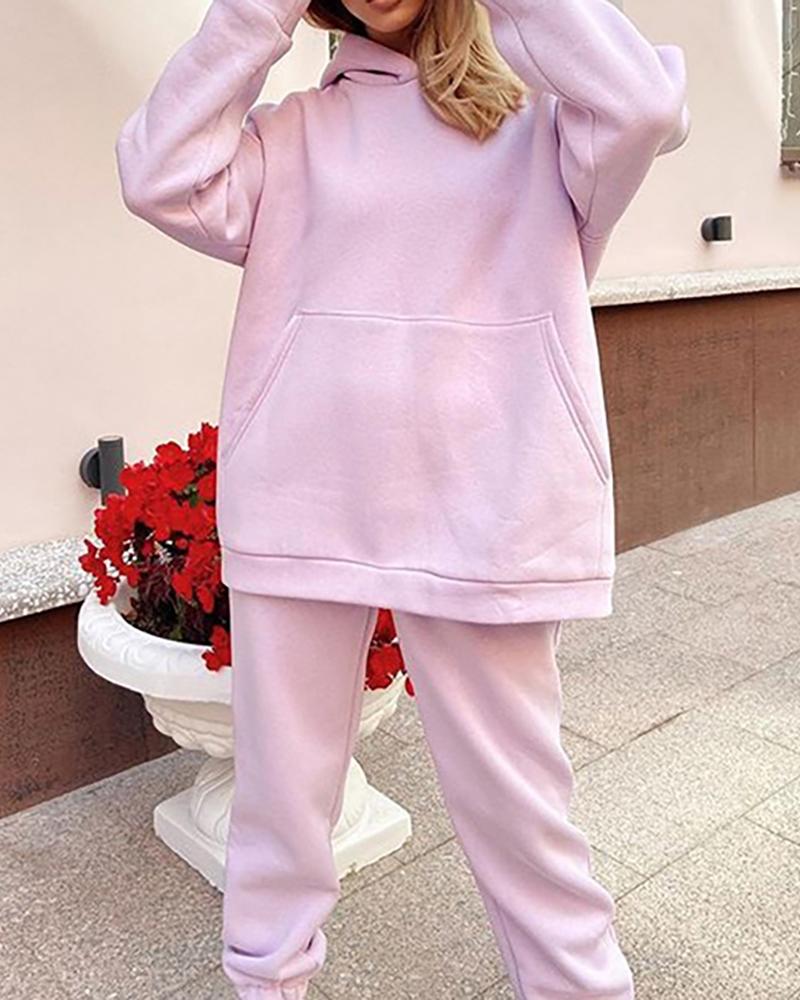 

Pocket Design Hooded Women Top & Pants Set, Pink