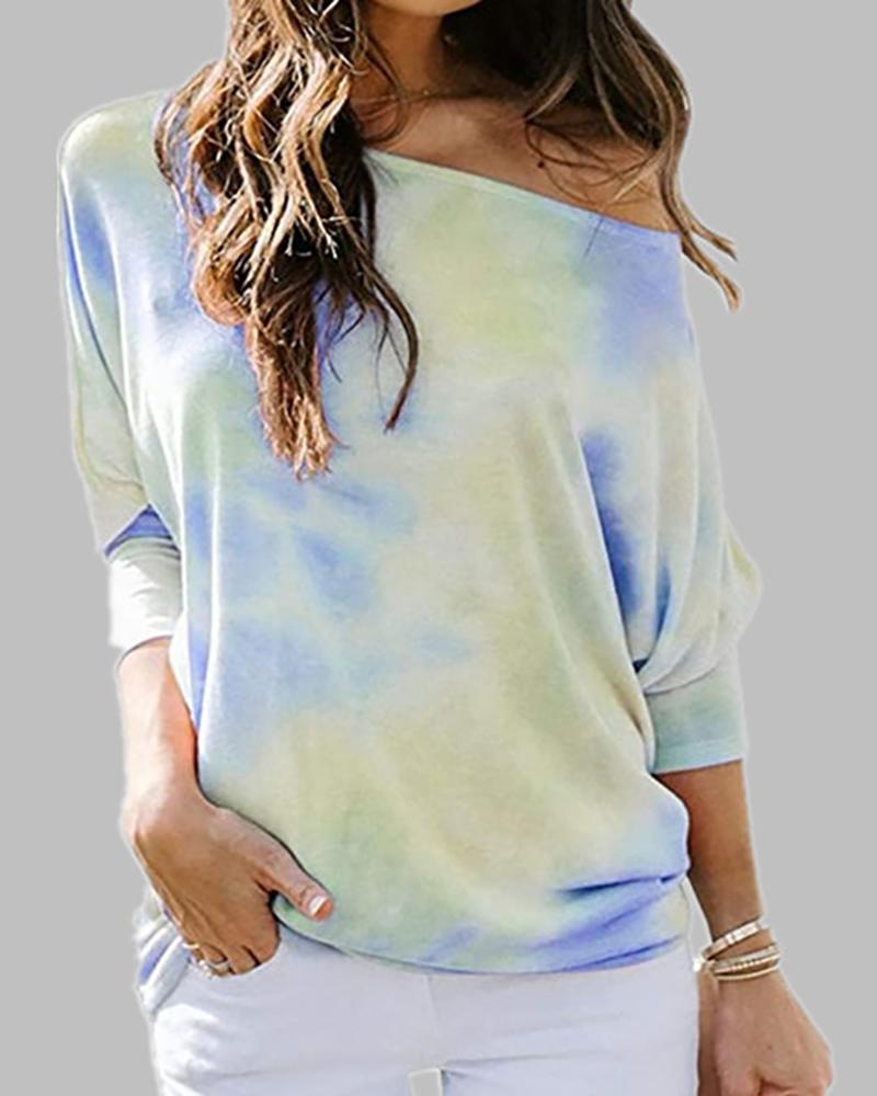 

Tie Dye Print Long Sleeve Casual Top, Light blue