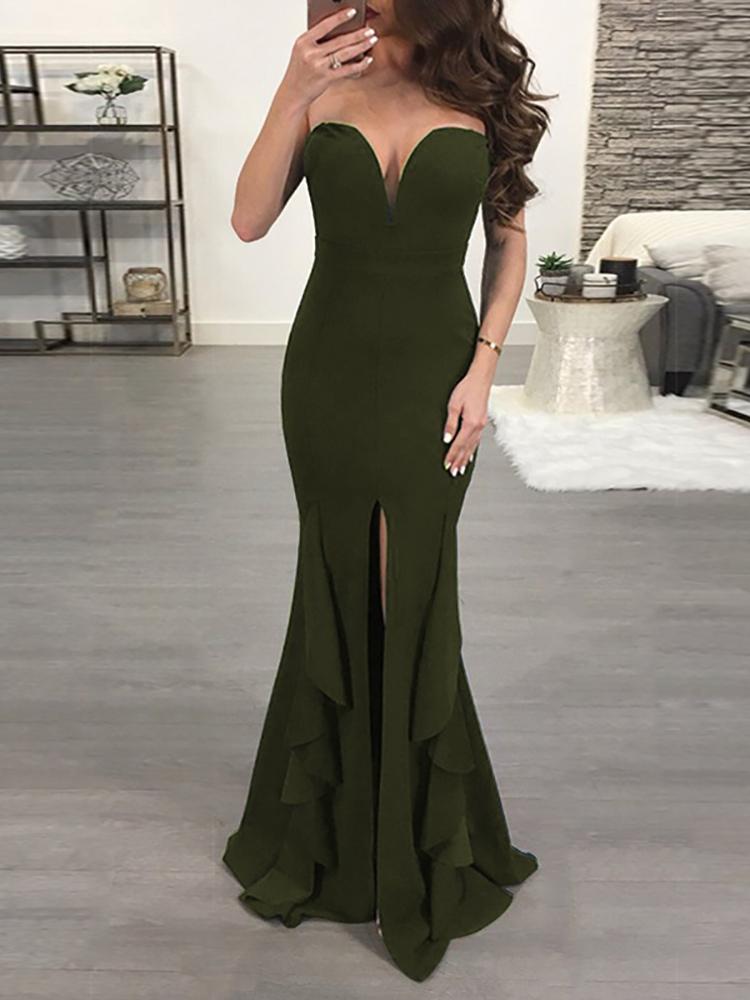 

Sweetheart Solid High Slit Ruffled Maxi Dress, Purple