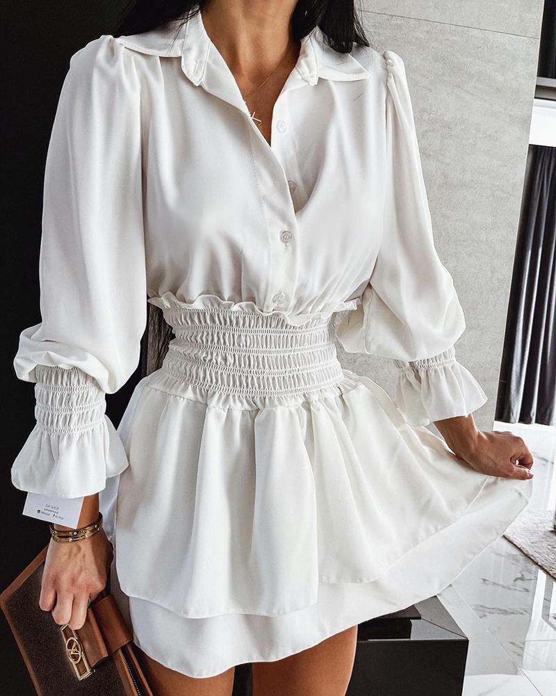 

Layered Ruffles Shirring Detail Flared Sleeve Buttoned Shirt Dress, White