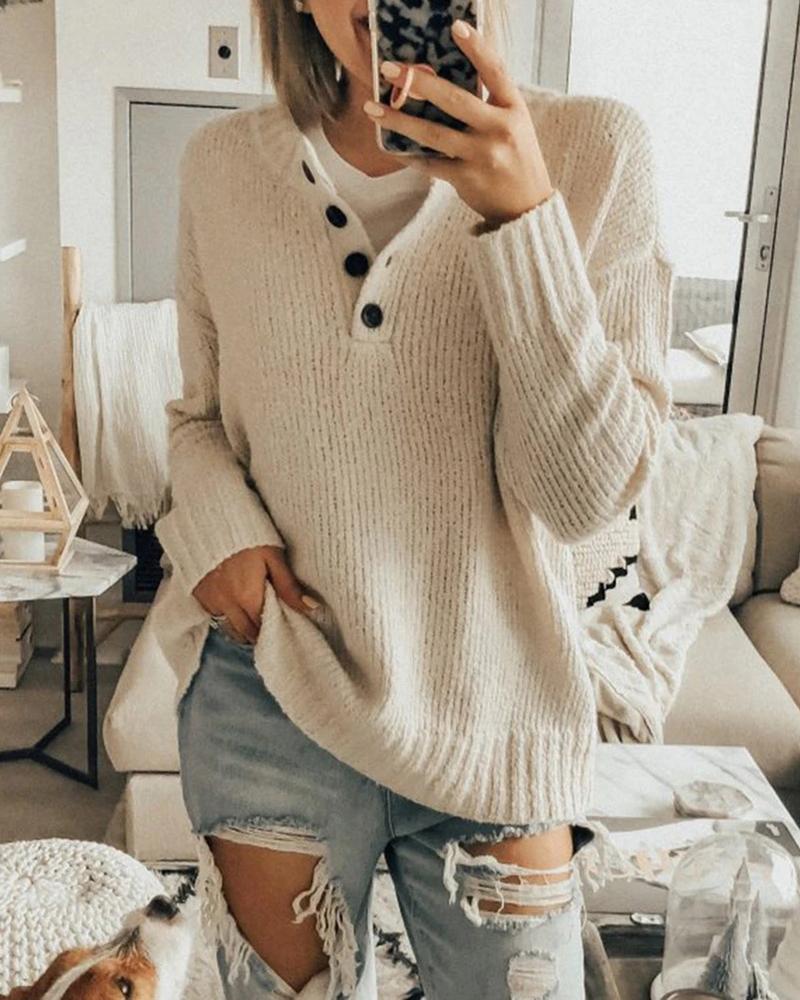 

Button Design Long Sleeve Sweater, Apricot