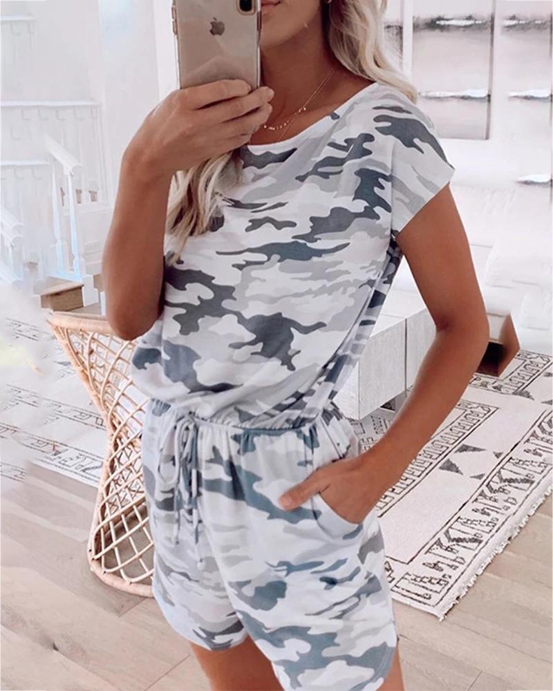 

Camouflage Print Drawstring Casual Romper, Gray